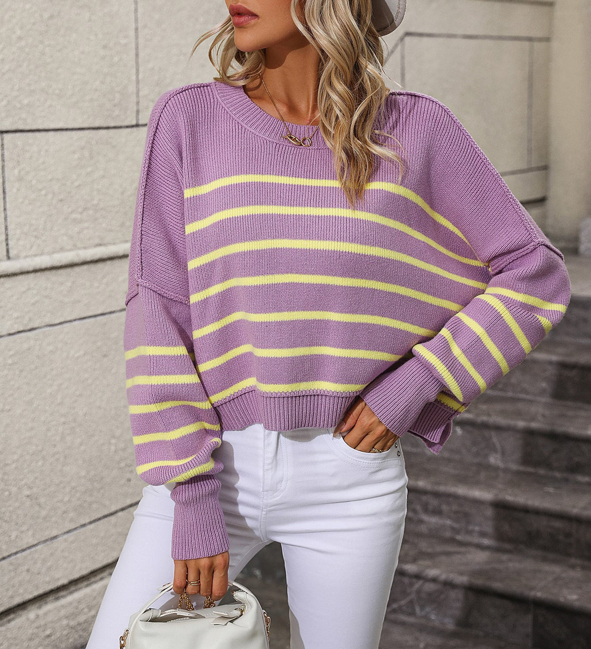 Breton Stripe Oversized Crew Neck Jumper - Purple