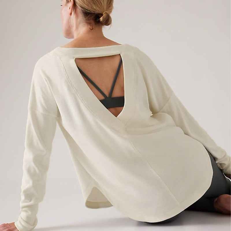 Open Back Long Sleeve Workout Tee - white
