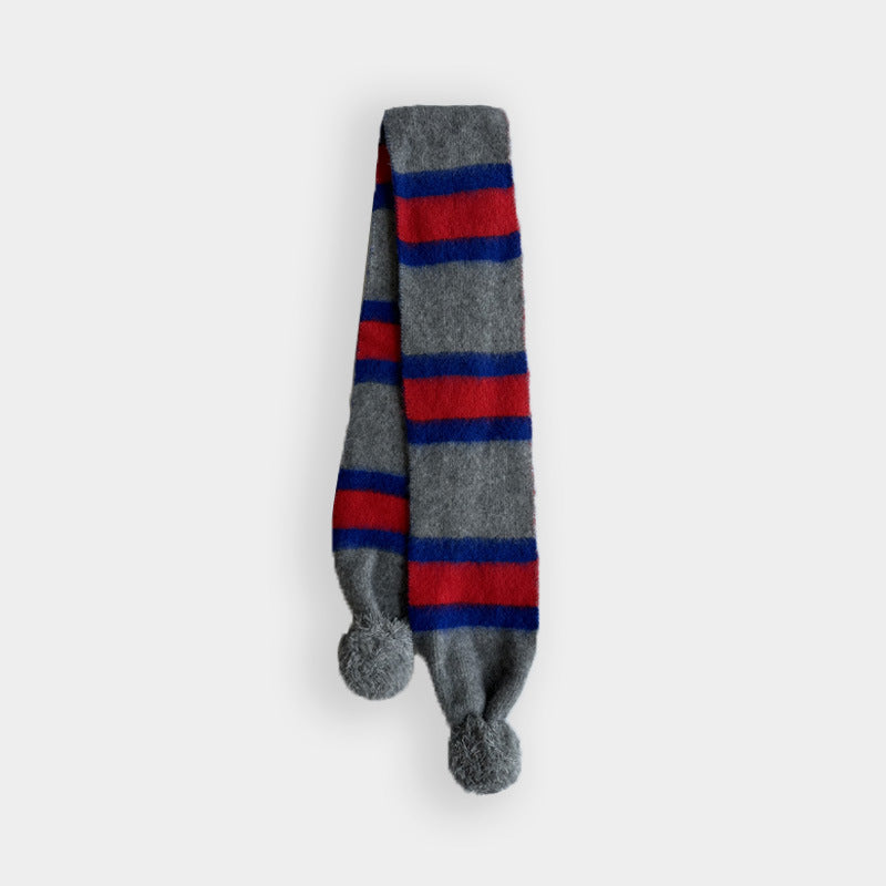 Striped Pom Pom Knit Winter Scarf - Grey