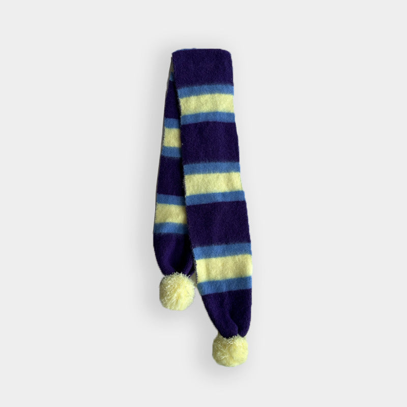 Striped Pom Pom Knit Winter Scarf - Purple