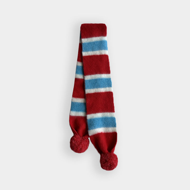 Striped Pom Pom Knit Winter Scarf - Red
