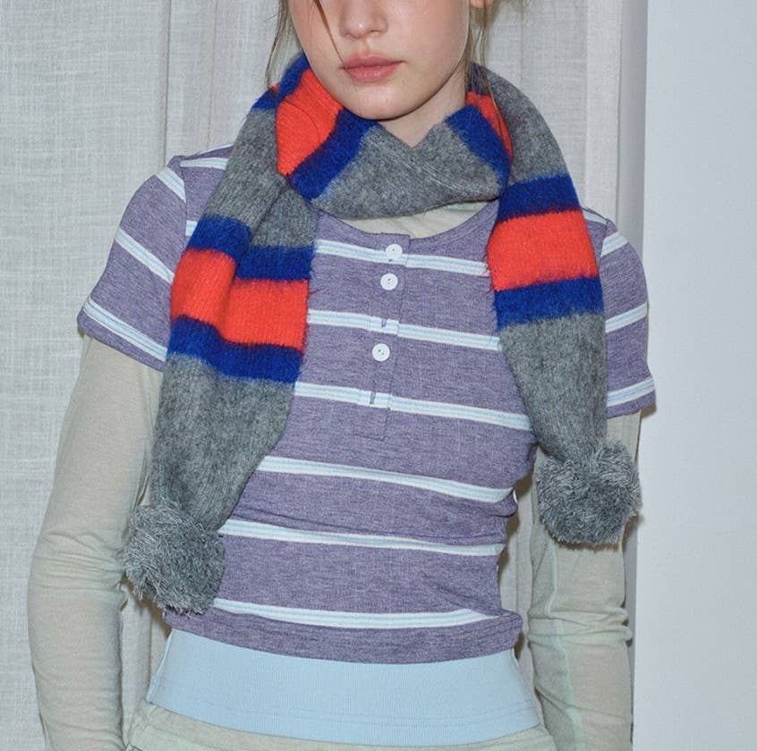 Striped Pom Pom Knit Winter Scarf