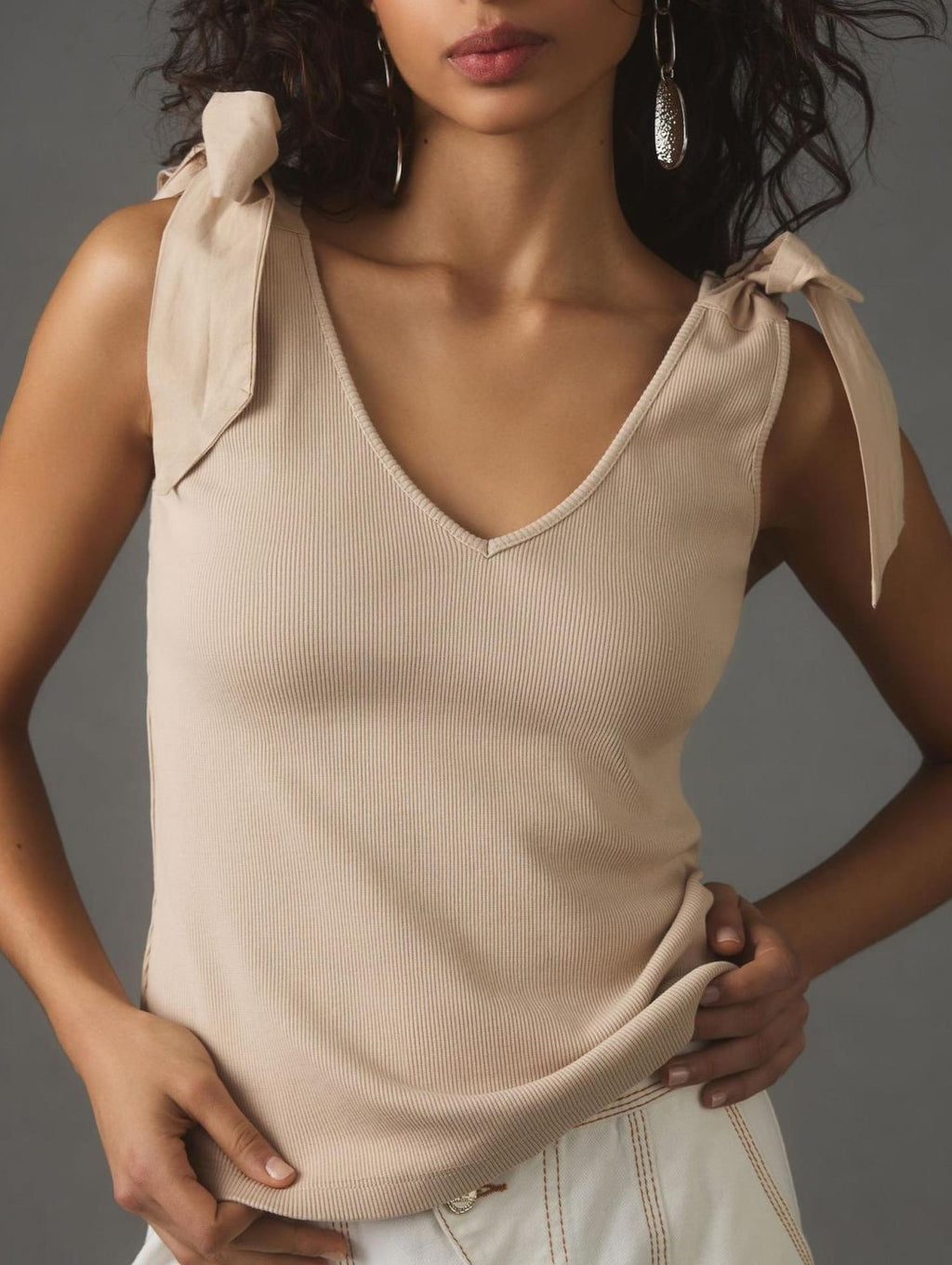 Shoulder Tie Bow V-Neck Tank Top - Apricot