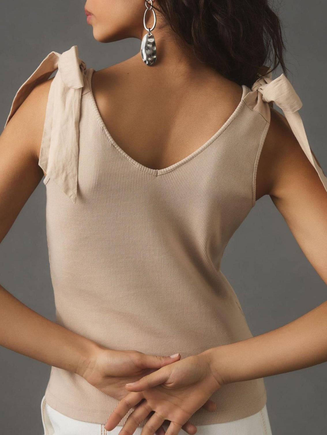 Shoulder Tie Bow V-Neck Tank Top - Apricot - 1