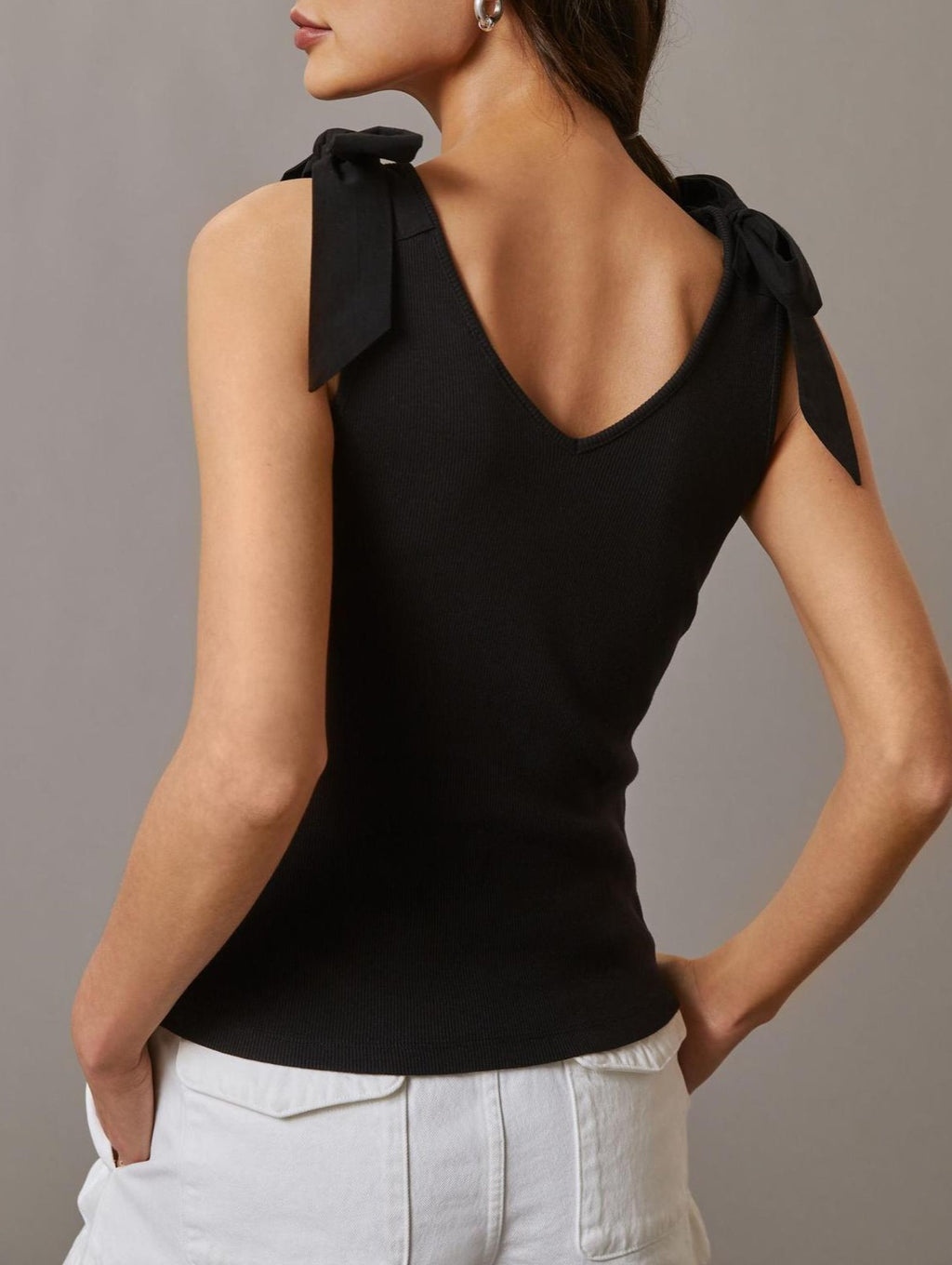 Shoulder Tie Bow V-Neck Tank Top - Black - 1