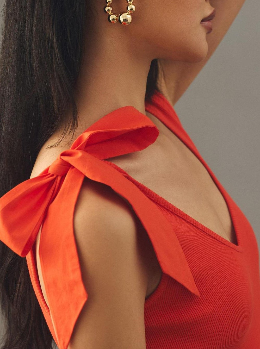 Shoulder Tie Bow V-Neck Tank Top - Darkorange