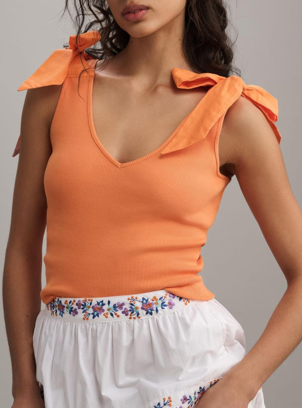 Shoulder Tie Bow V-Neck Tank Top - Orange