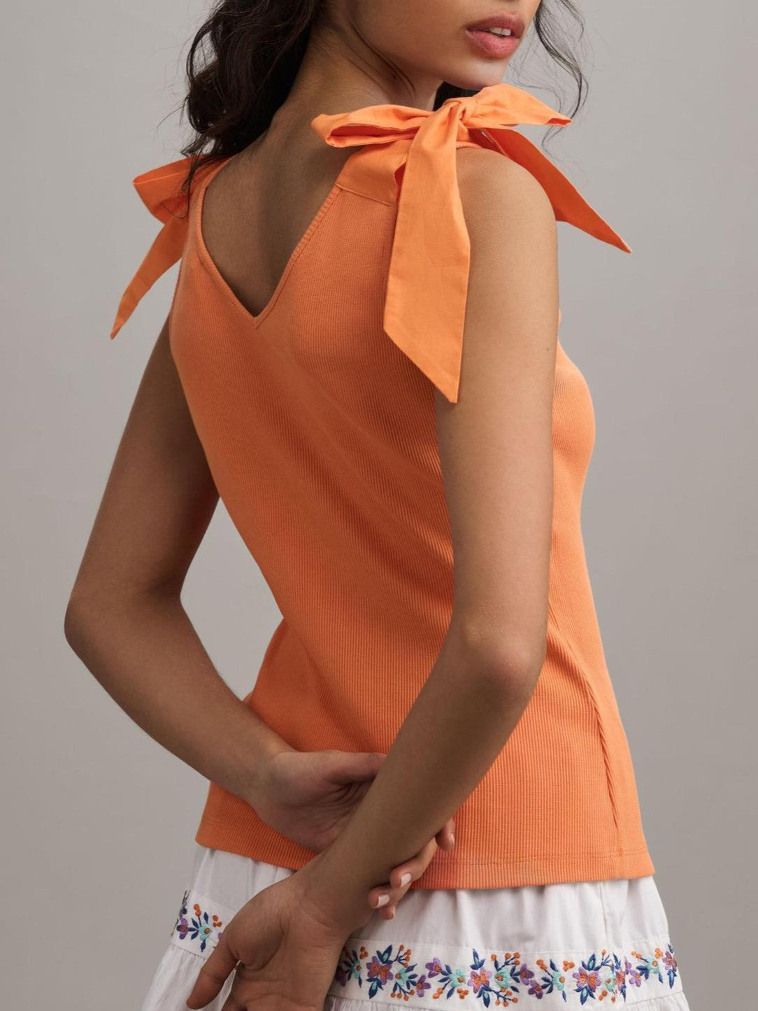 Shoulder Tie Bow V-Neck Tank Top - Orange - 1