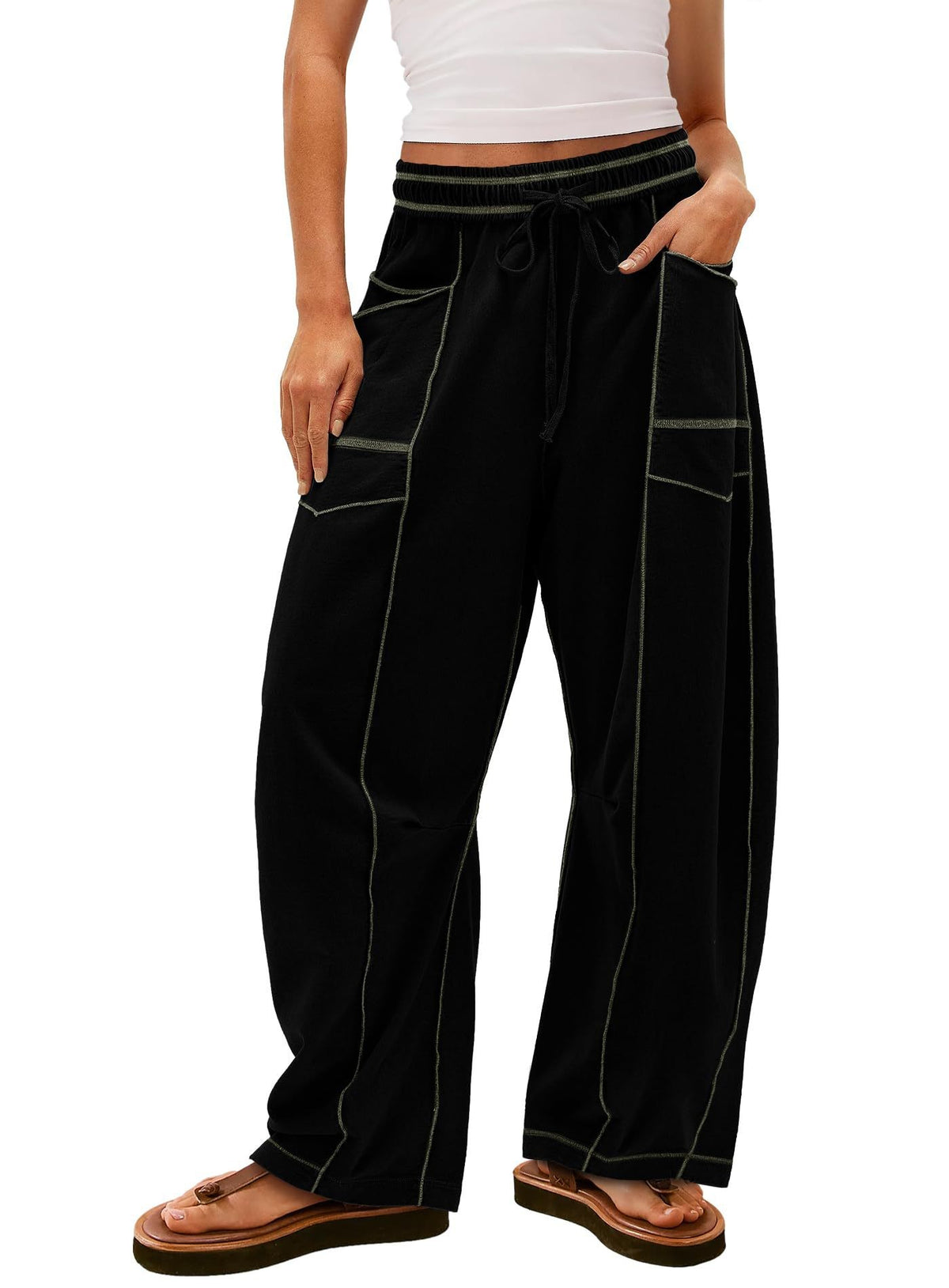 Exposed Seam Barrel Leg Athletic Sweatpants - Black