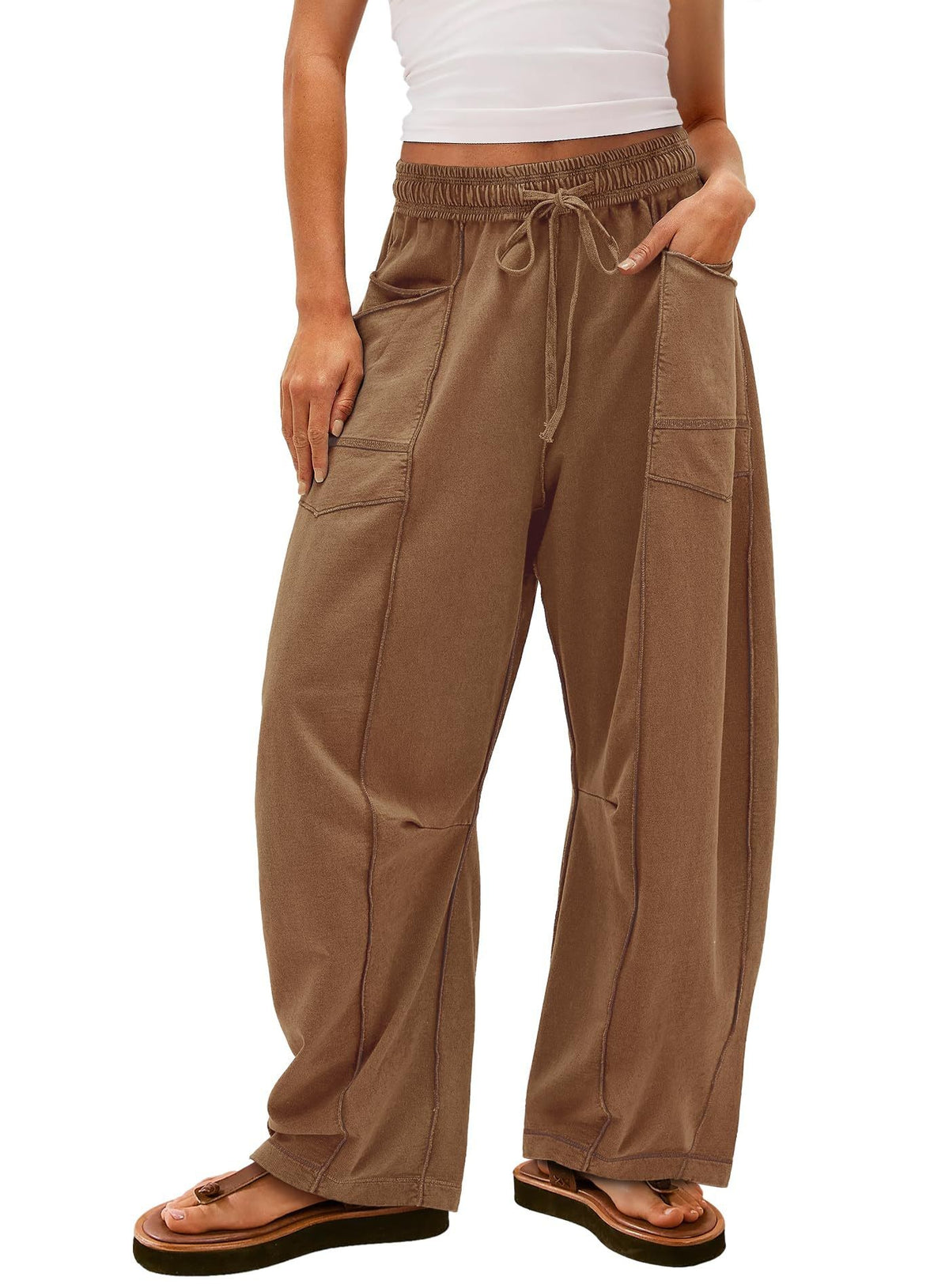 Exposed Seam Barrel Leg Athletic Sweatpants - Brown