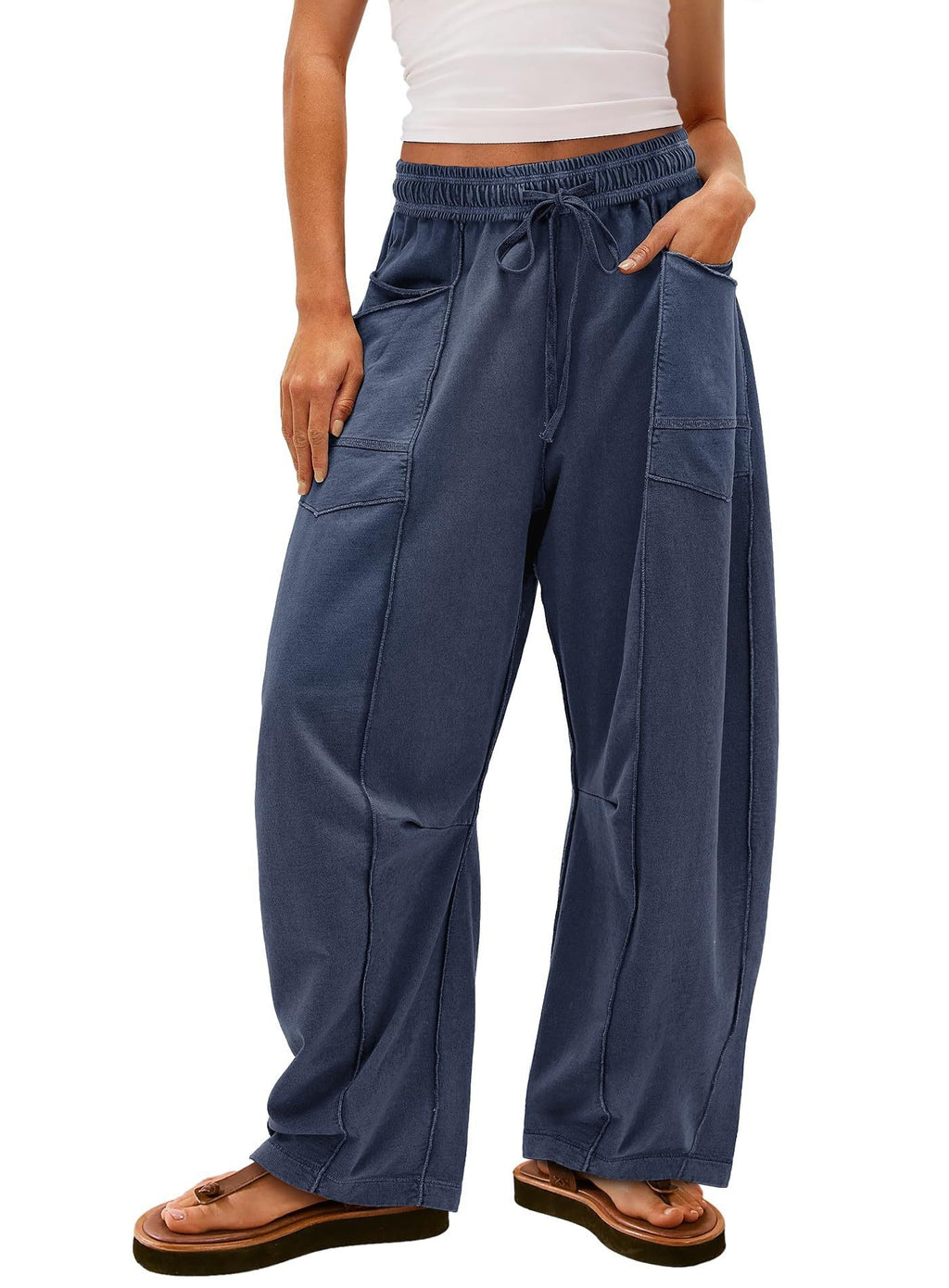 Exposed Seam Barrel Leg Athletic Sweatpants - Dusty Navy