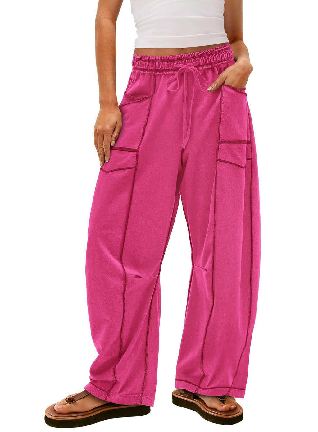 Exposed Seam Barrel Leg Athletic Sweatpants - Hot Pink