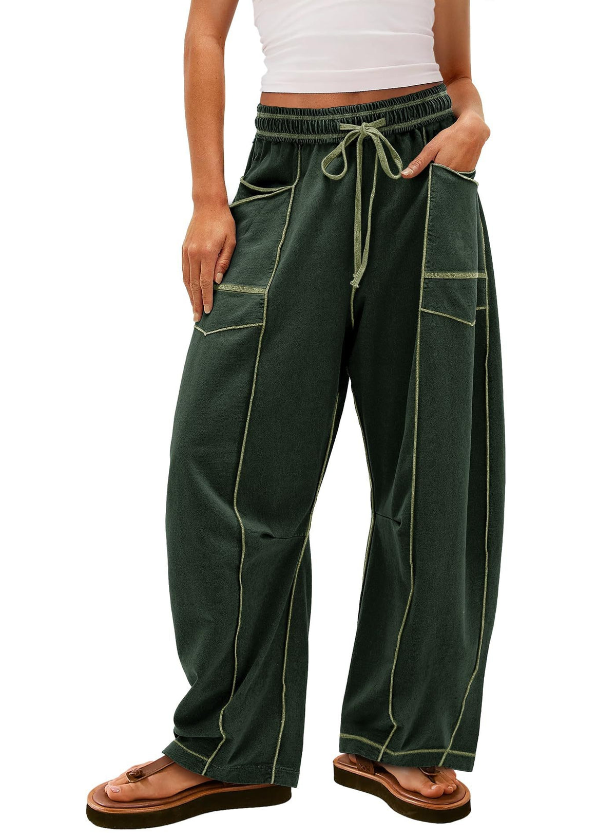 Exposed Seam Barrel Leg Athletic Sweatpants - Hunter Green