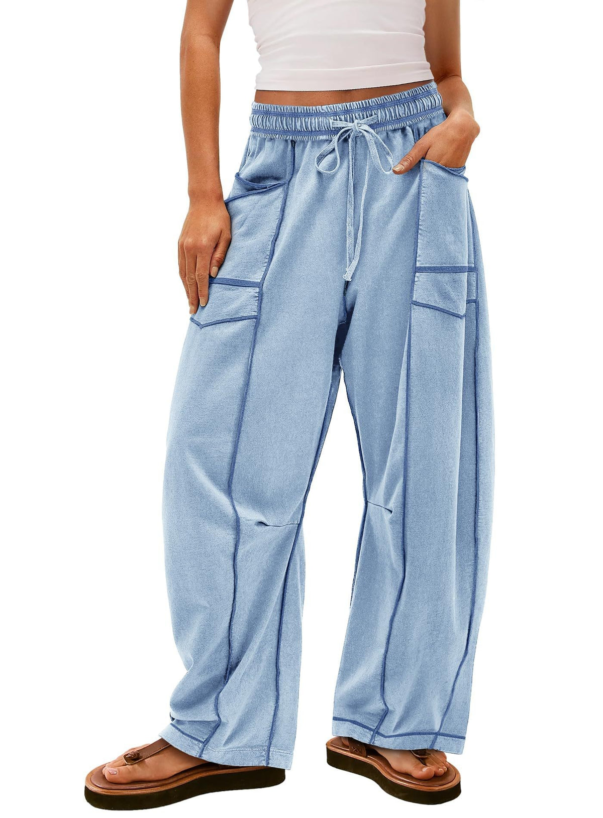 Exposed Seam Barrel Leg Athletic Sweatpants - Light Blue