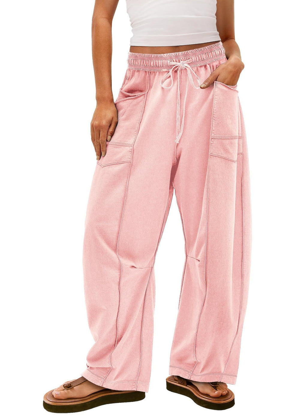 Exposed Seam Barrel Leg Athletic Sweatpants - Light Pink