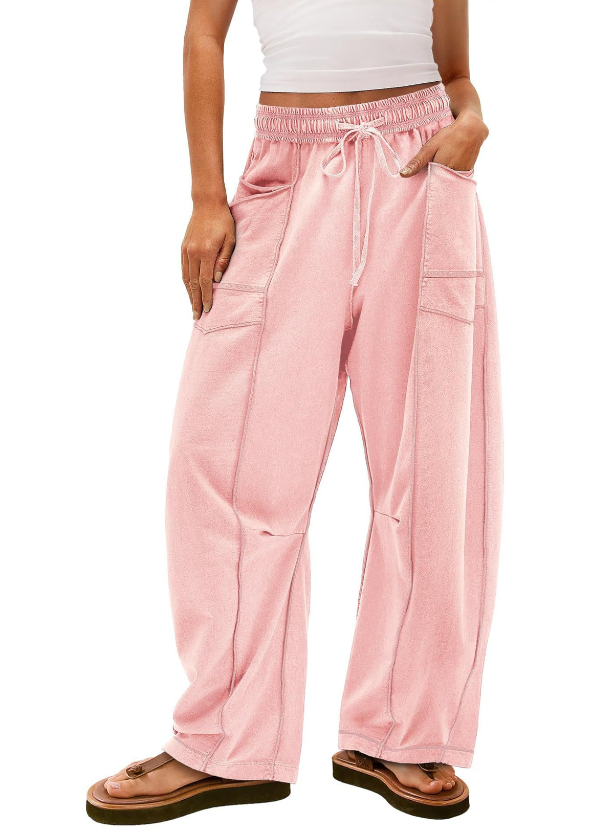 Exposed Seam Barrel Leg Athletic Sweatpants - Light Pink