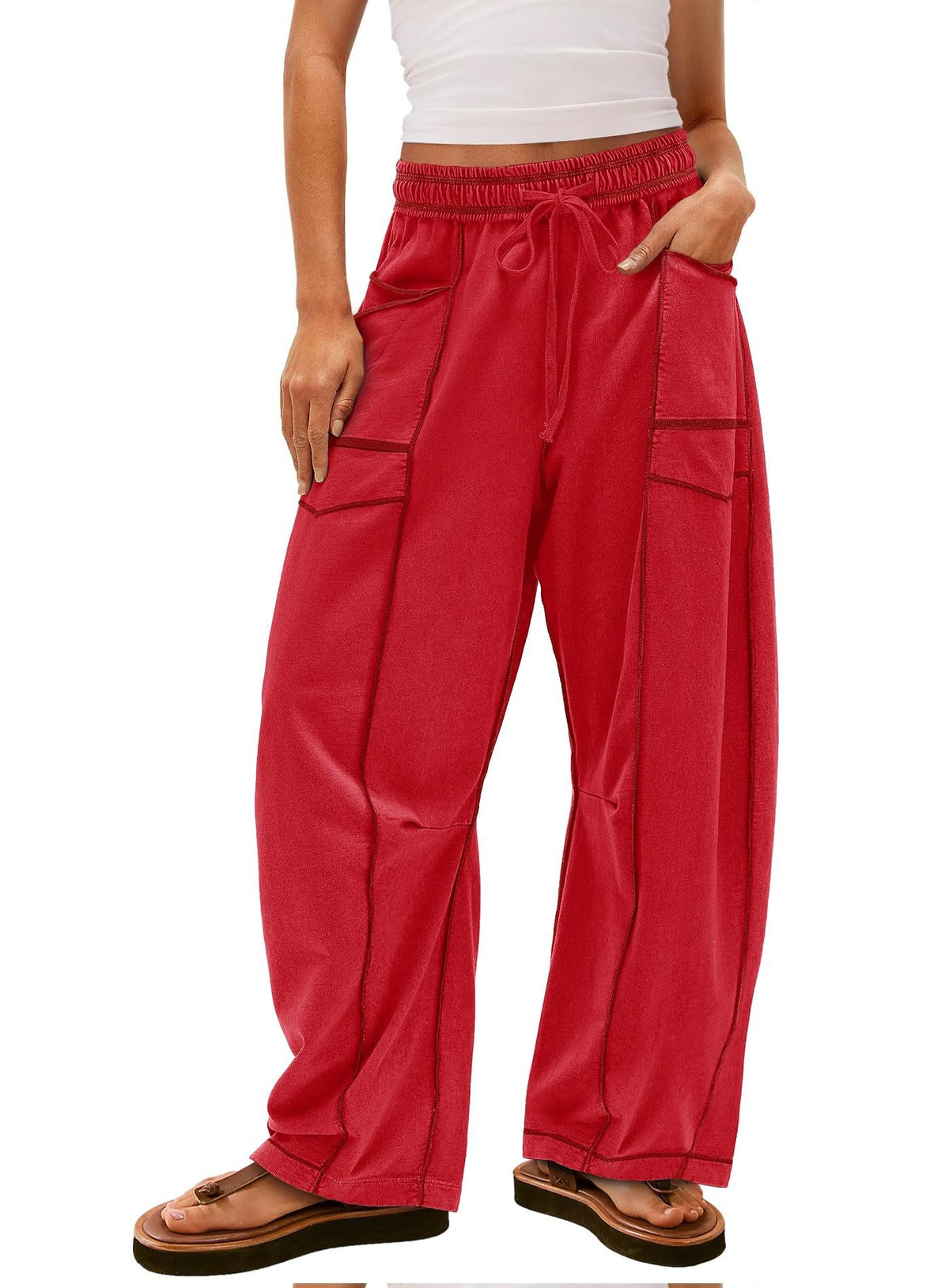 Exposed Seam Barrel Leg Athletic Sweatpants - Red