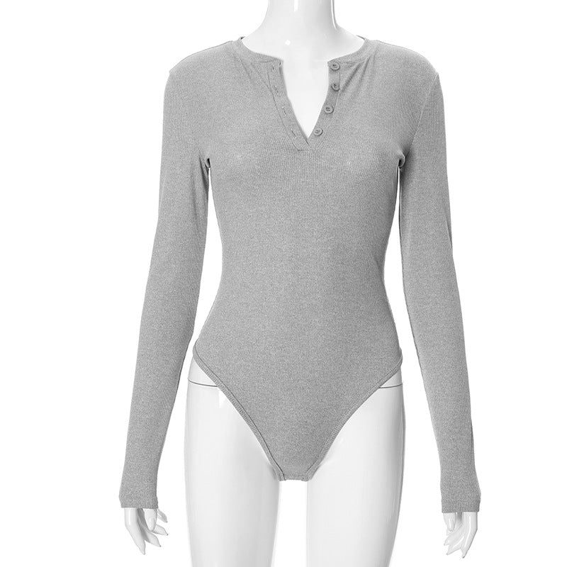 Ribbed Henley Long Sleeve Bodysuit - Grey