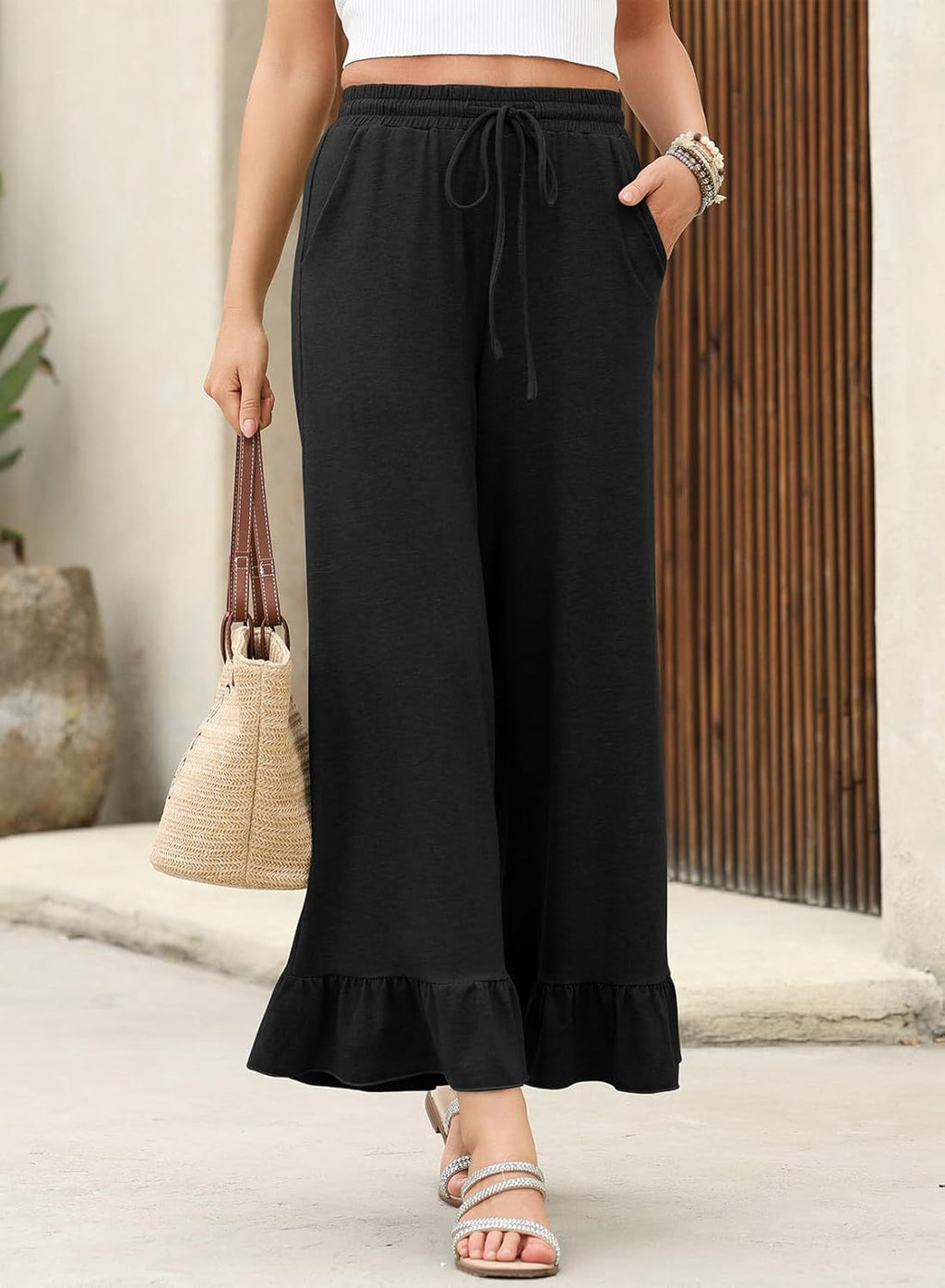 Flounce Hem Wide Leg Culotte Pants - Black