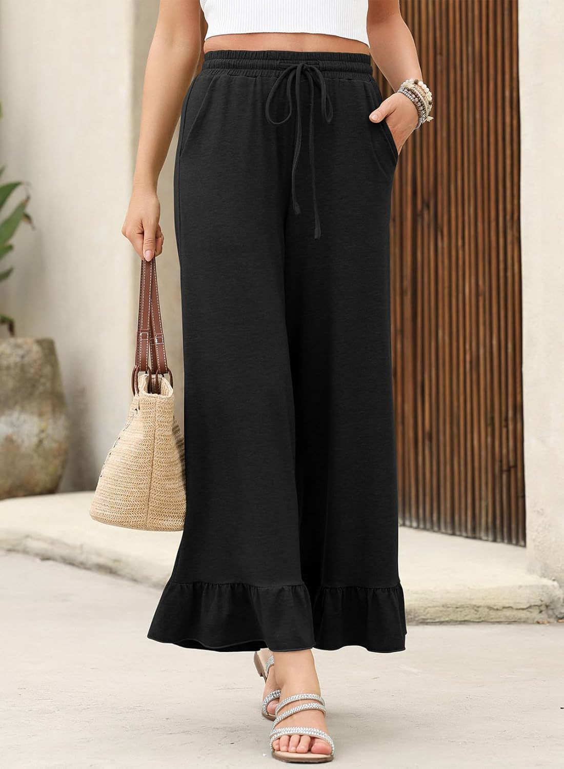 Flounce Hem Wide Leg Culotte Pants - Black