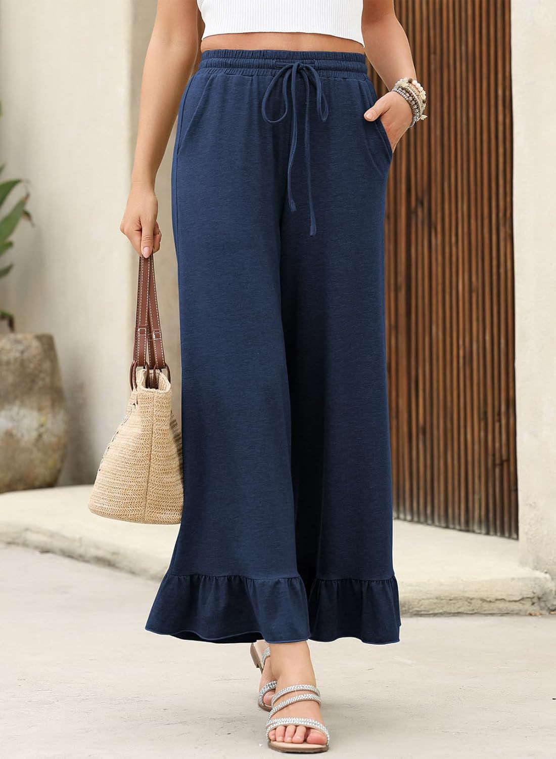 Flounce Hem Wide Leg Culotte Pants - NavyBlue