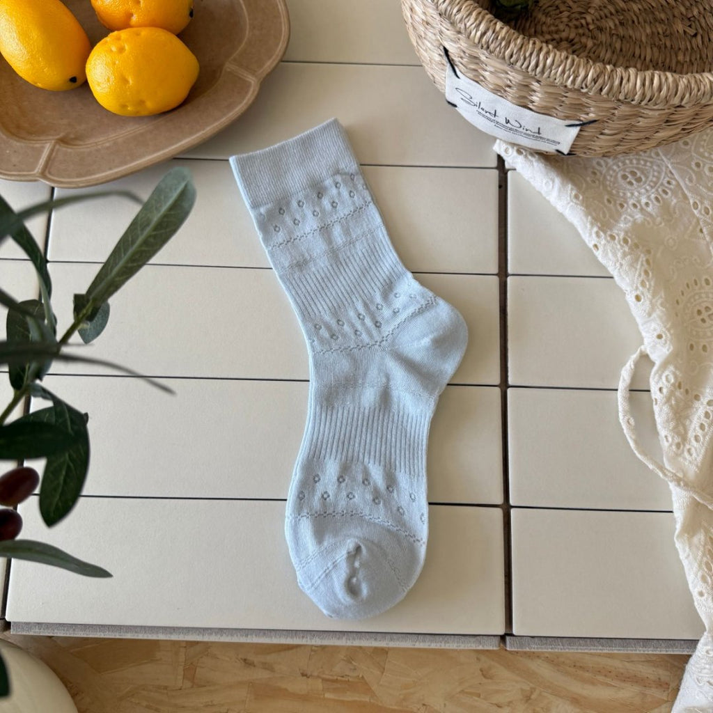 Openwork Floral Knit Crew Socks - Blue
