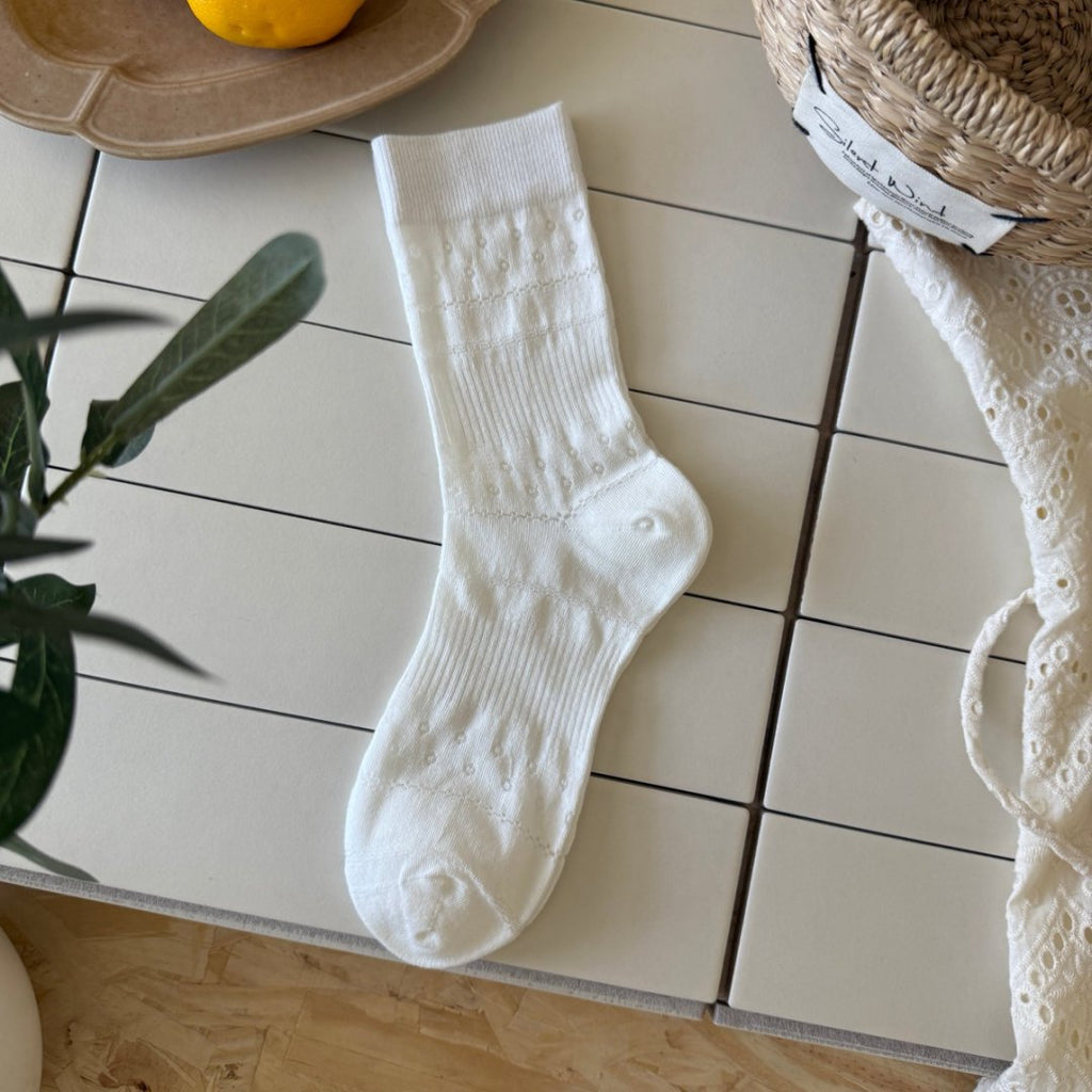 Openwork Floral Knit Crew Socks - White