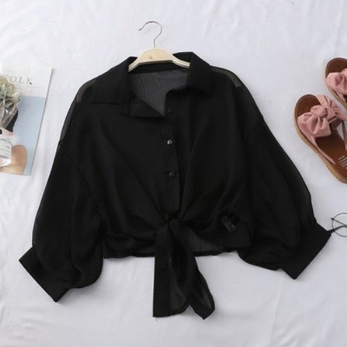 Sheer Chiffon Tie Front Cropped Shirt - Black