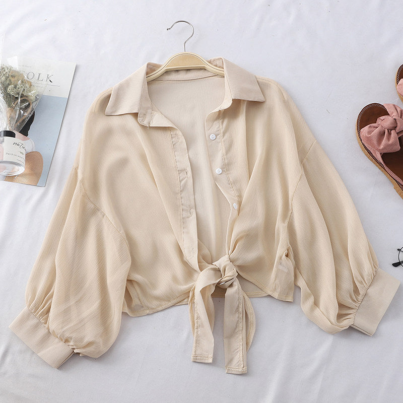 Sheer Chiffon Tie Front Cropped Shirt - Khaki