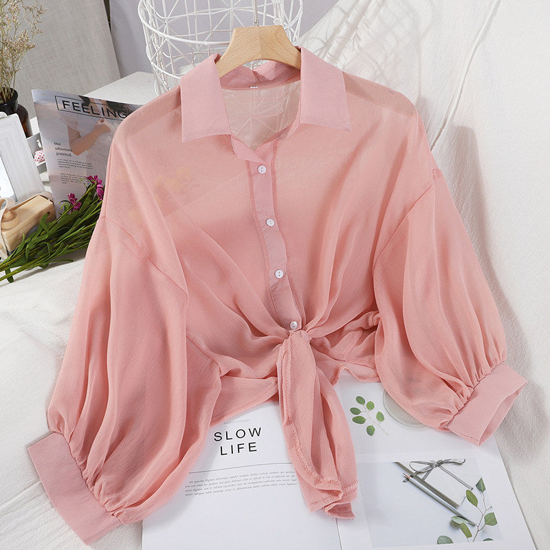 Sheer Chiffon Tie Front Cropped Shirt - Pink