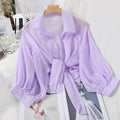 Sheer Chiffon Tie Front Cropped Shirt - Purple