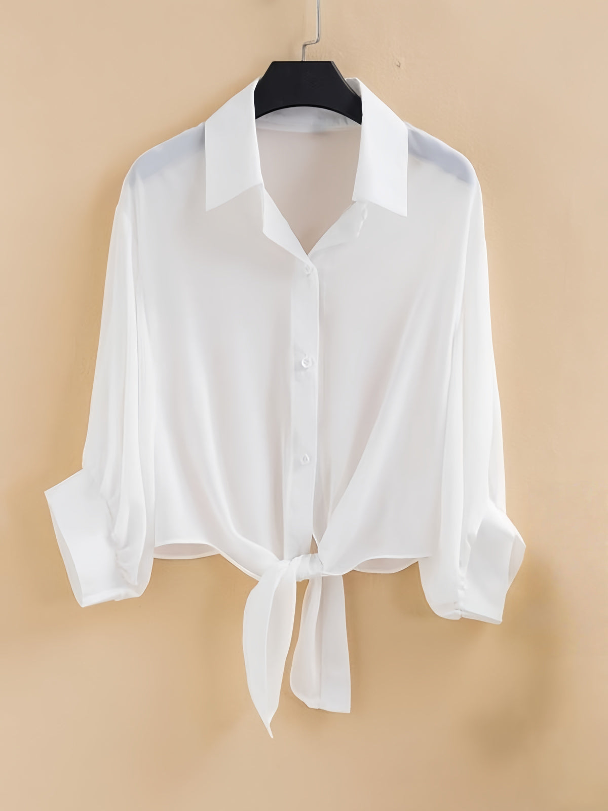 Sheer Chiffon Tie Front Cropped Shirt - White