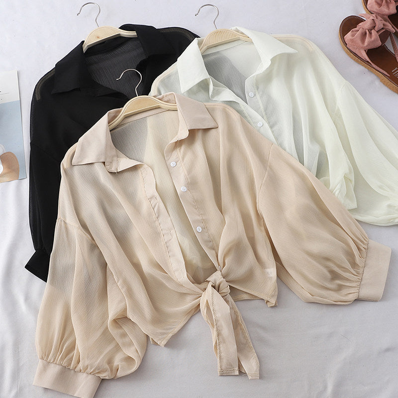 Sheer Chiffon Tie Front Cropped Shirt