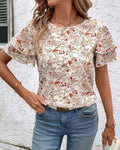 Floral Print Double Ruffle Sleeve Tee - Flower_1