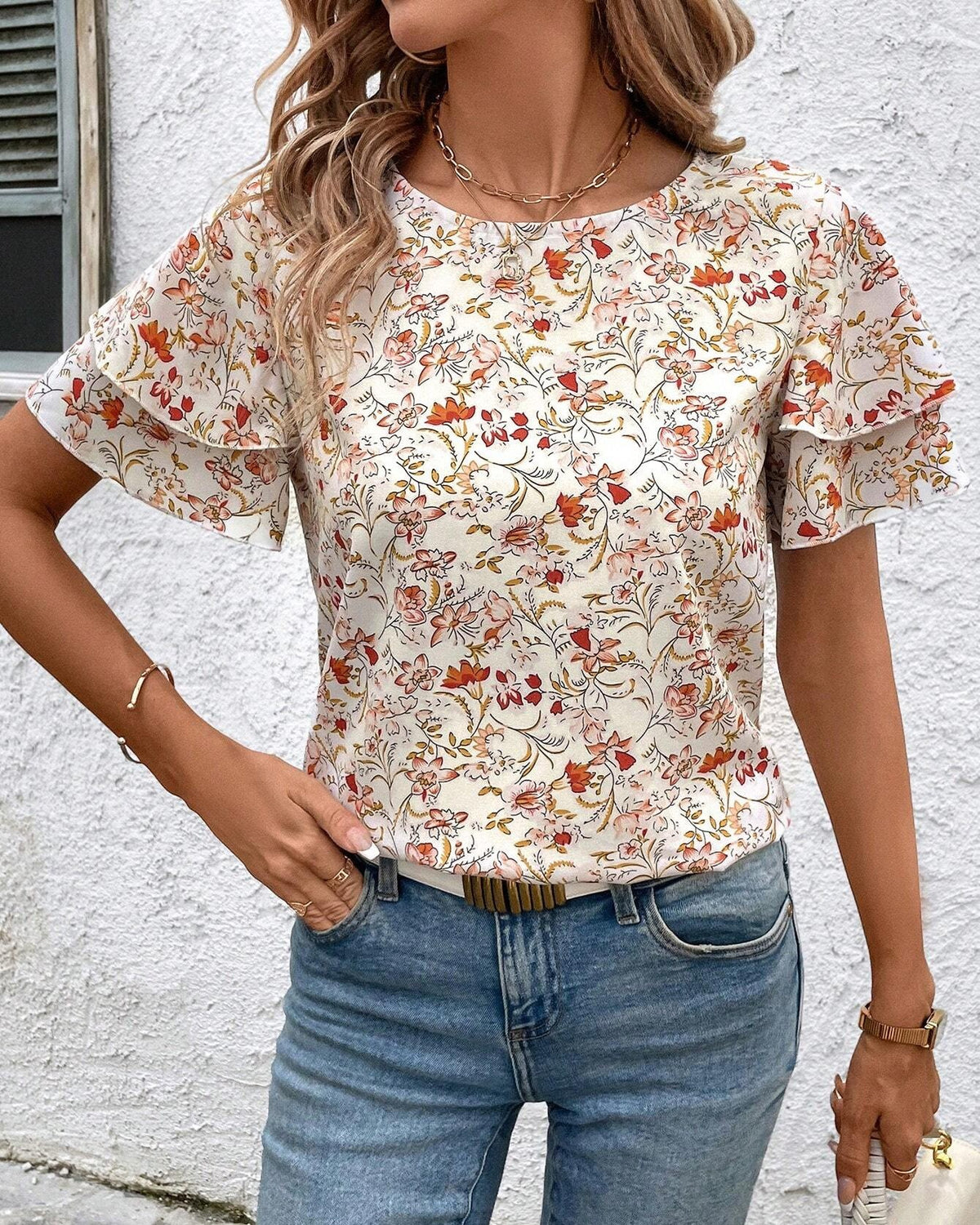 Floral Print Double Ruffle Sleeve Tee - Flower_1