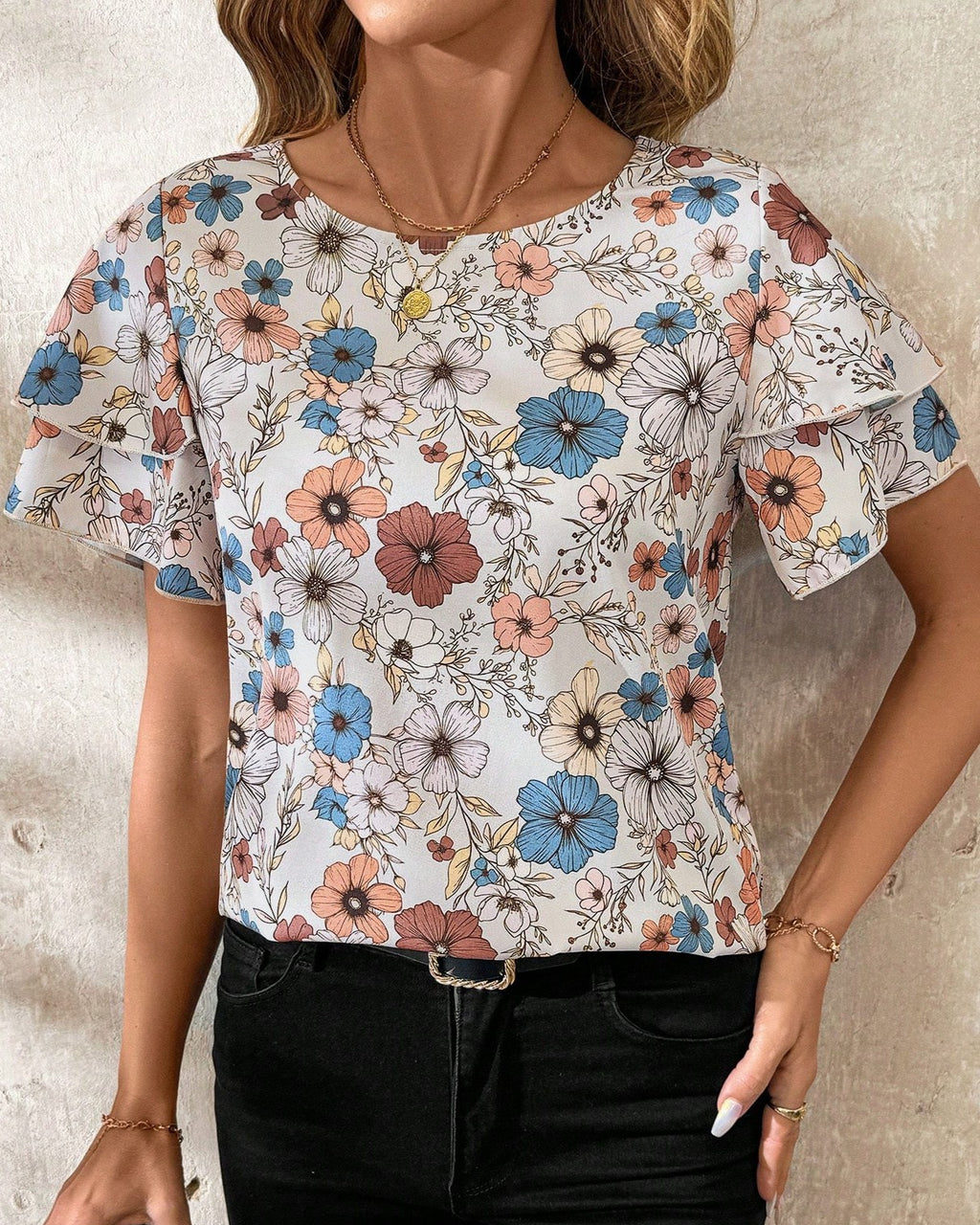 Floral Print Double Ruffle Sleeve Tee - Flower_2