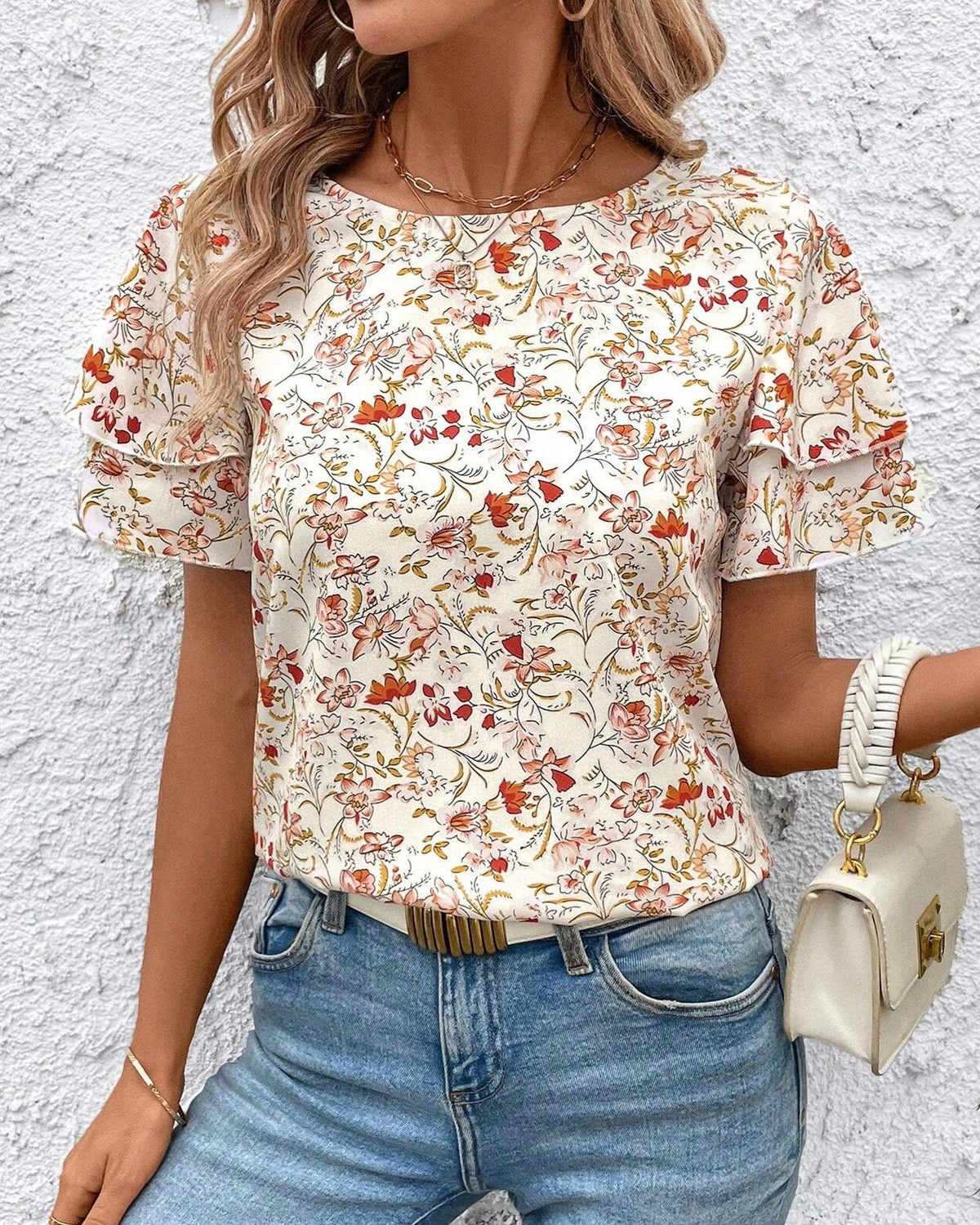 Floral Print Double Ruffle Sleeve Tee - Red