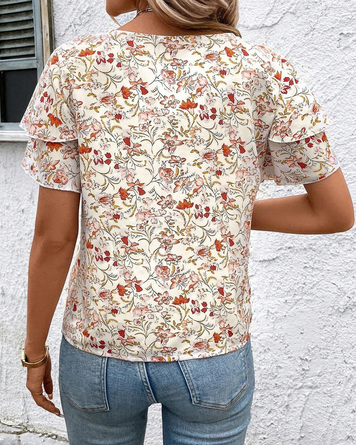 Floral Print Double Ruffle Sleeve Tee - Red - 2