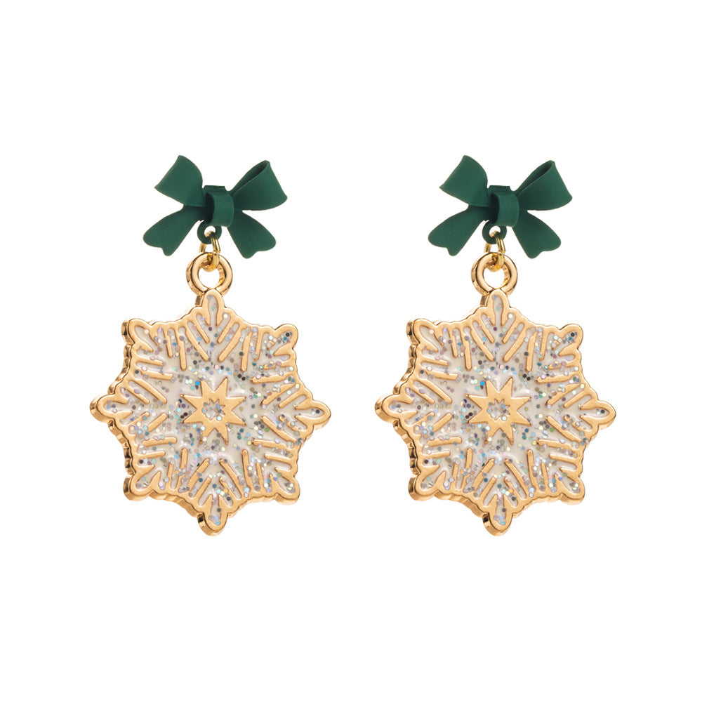 Bow Top Snowflake Drop Earrings - Green