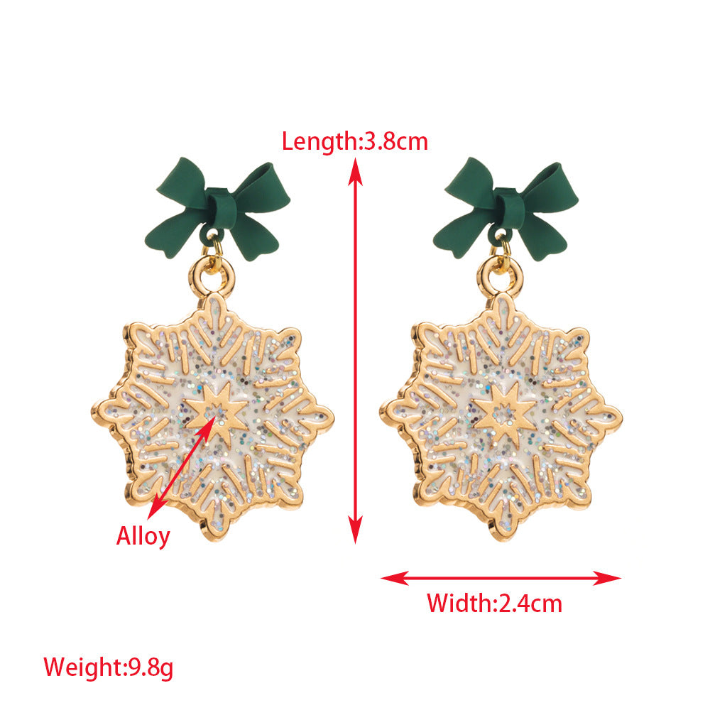 Bow Top Snowflake Drop Earrings - Green - 1