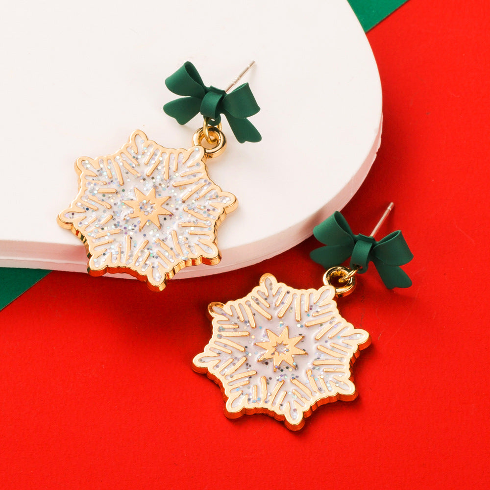Bow Top Snowflake Drop Earrings - Green - 2