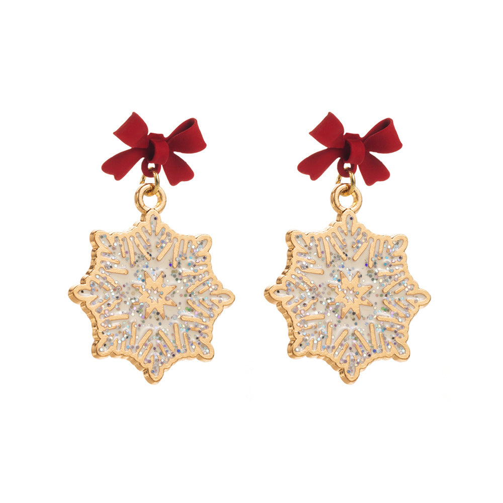 Bow Top Snowflake Drop Earrings - Red