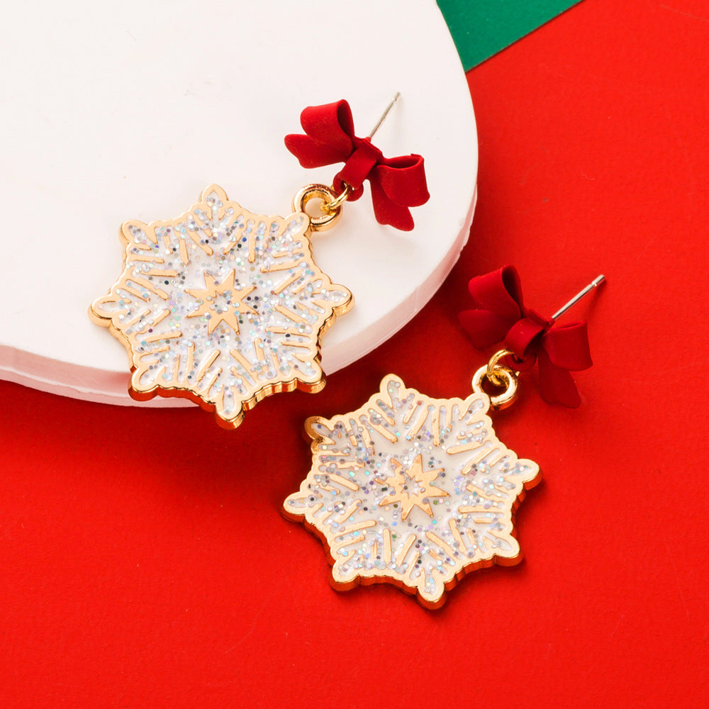 Bow Top Snowflake Drop Earrings - Red - 1