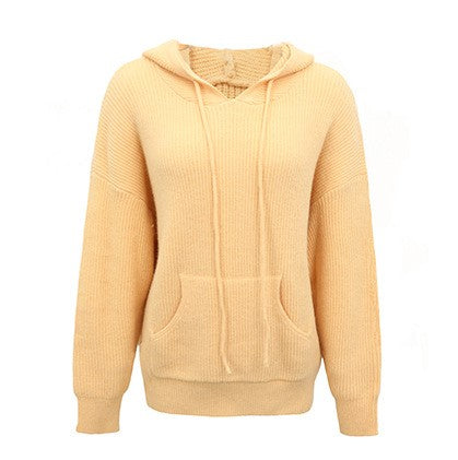 Drawcord Hood Kangaroo Pocket Knit Sweater - Camel