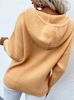 Drawcord Hood Kangaroo Pocket Knit Sweater - Camel - 3