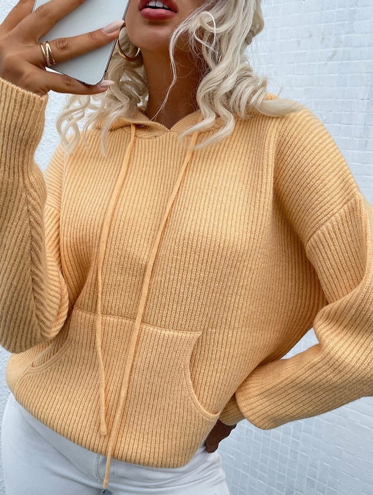 Drawcord Hood Kangaroo Pocket Knit Sweater - Camel - 4