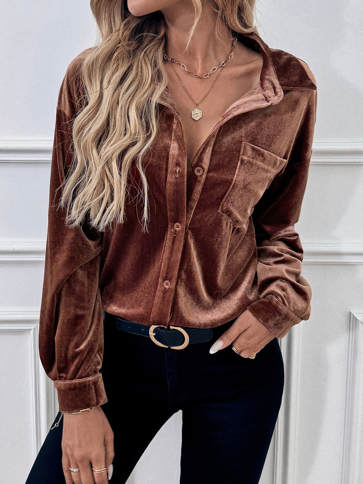 Velvet Collared Button Down Shirt - Coffee