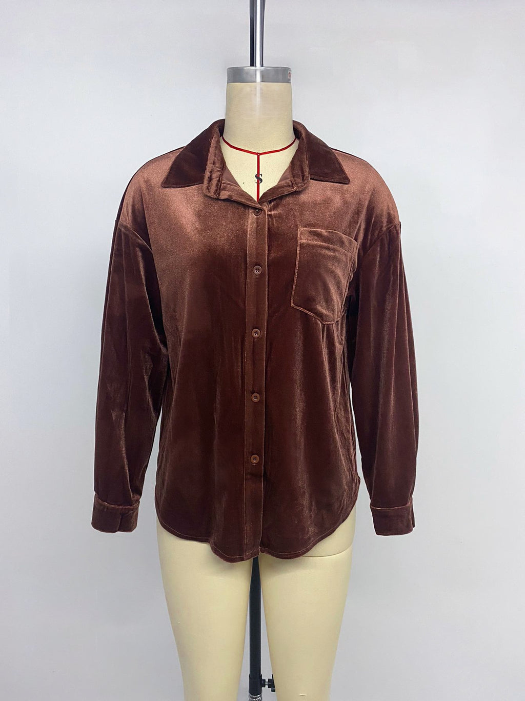 Velvet Collared Button Down Shirt - Coffee - 1