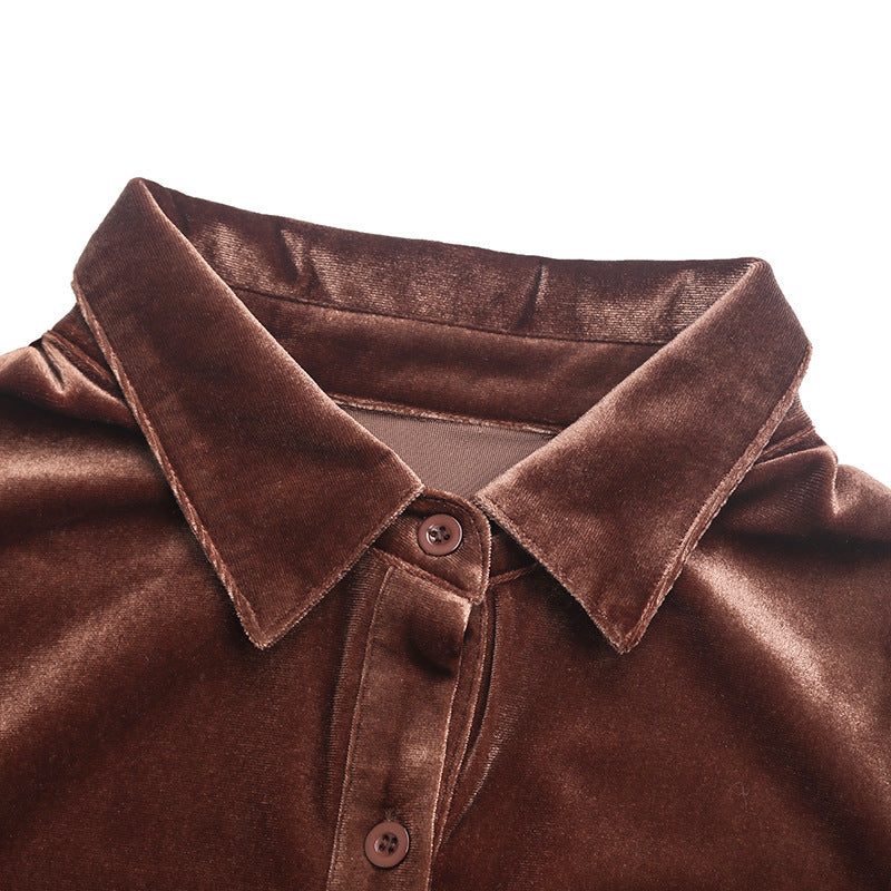 Velvet Collared Button Down Shirt - Coffee - 2