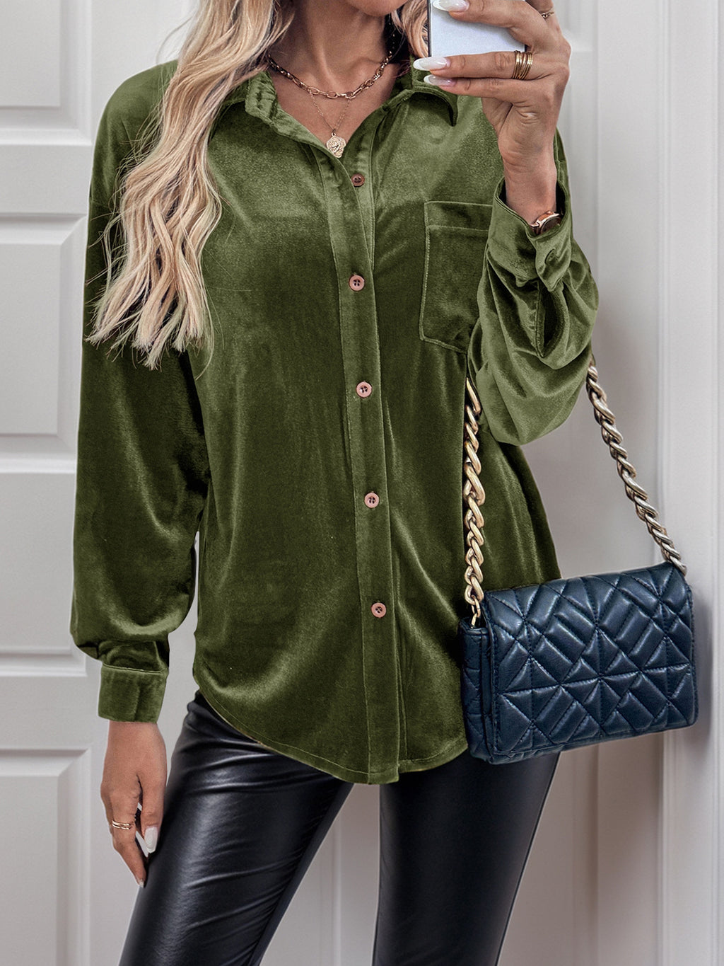 Velvet Collared Button Down Shirt - Green - 1